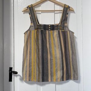 Lucky Brand Women's Yellow and Grey Blouse Striped with Neckline Embroidery sz S